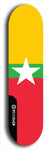 North American maple skateboard deck designed by underground artist BellyRash -- available in widths between 7.5 to 8.5 inches in both mellow concave and steep concave shapes. Artwork : 	Myanmar (formerly Burma)	flag skateboard deck																				