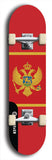 North American maple skateboard deck designed by underground artist BellyRash -- available in widths between 7.5 to 8.5 inches in both mellow concave and steep concave shapes. Artwork : 	Montenegro	flag skateboard deck																				