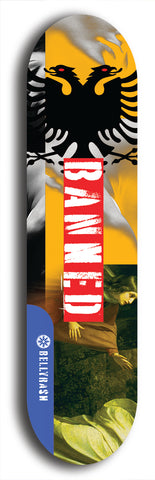 North American maple skateboard deck designed by underground artist BellyRash -- available in widths between 7.5 to 8.5 inches in both mellow concave and steep concave shapes from the BellyRash Limited Edition Blitz Deck series: Banned