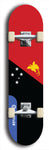 North American maple skateboard deck designed by underground artist BellyRash -- available in widths between 7.5 to 8.5 inches in both mellow concave and steep concave shapes. Artwork : 	Papua New Guinea	flag skateboard deck																				