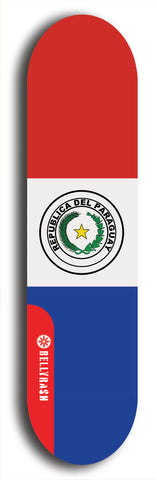 North American maple skateboard deck designed by underground artist BellyRash -- available in widths between 7.5 to 8.5 inches in both mellow concave and steep concave shapes. Artwork : 	Paraguay	flag skateboard deck																				