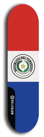 North American maple skateboard deck designed by underground artist BellyRash -- available in widths between 7.5 to 8.5 inches in both mellow concave and steep concave shapes. Artwork : 	Paraguay	flag skateboard deck																				