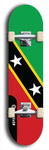 St. Kitts and Nevis flag skateboard deck. North American maple skateboard deck available in widths between 7.5 to 8.5 inches in both mellow concave and steep concave shapes.