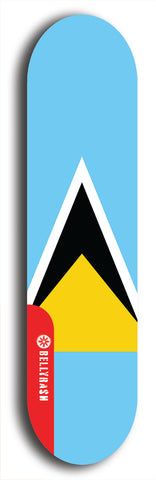 St. Lucia flag skateboard deck. North American maple skateboard deck available in widths between 7.5 to 8.5 inches in both mellow concave and steep concave shapes.