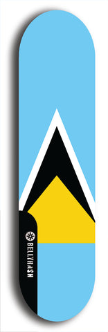 St. Lucia flag skateboard deck. North American maple skateboard deck available in widths between 7.5 to 8.5 inches in both mellow concave and steep concave shapes.