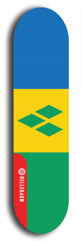 St. Vincent and Grenadines flag skateboard deck. North American maple skateboard deck available in widths between 7.5 to 8.5 inches in both mellow concave and steep concave shapes.