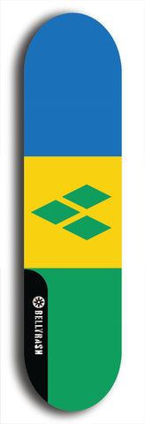 St. Vincent and Grenadines flag skateboard deck. North American maple skateboard deck available in widths between 7.5 to 8.5 inches in both mellow concave and steep concave shapes.