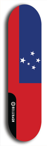 North American maple skateboard deck designed by underground artist BellyRash -- available in widths between 7.5 to 8.5 inches in both mellow concave and steep concave shapes. Artwork : 	Samoa	flag skateboard deck																				