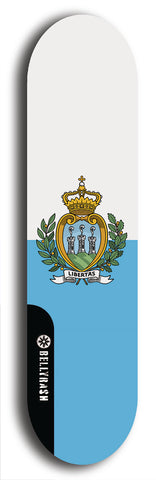 North American maple skateboard deck designed by underground artist BellyRash -- available in widths between 7.5 to 8.5 inches in both mellow concave and steep concave shapes. Artwork : 	San Marino	flag skateboard deck																				