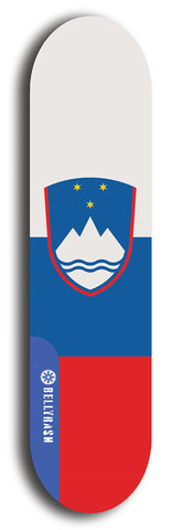 North American maple skateboard deck designed by underground artist BellyRash -- available in widths between 7.5 to 8.5 inches in both mellow concave and steep concave shapes. Artwork : 	Slovenia	flag skateboard deck																				