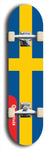 North American maple skateboard deck designed by underground artist BellyRash -- available in widths between 7.5 to 8.5 inches in both mellow concave and steep concave shapes. Artwork : 	Sweden	flag skateboard deck																				