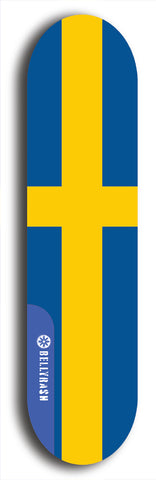 North American maple skateboard deck designed by underground artist BellyRash -- available in widths between 7.5 to 8.5 inches in both mellow concave and steep concave shapes. Artwork : 	Sweden	flag skateboard deck																				