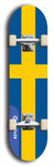 North American maple skateboard deck designed by underground artist BellyRash -- available in widths between 7.5 to 8.5 inches in both mellow concave and steep concave shapes. Artwork : 	Sweden	flag skateboard deck																				