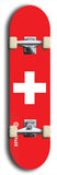 North American maple skateboard deck designed by underground artist BellyRash -- available in widths between 7.5 to 8.5 inches in both mellow concave and steep concave shapes. Artwork : 	Switzerland	flag skateboard deck																				