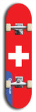 North American maple skateboard deck designed by underground artist BellyRash -- available in widths between 7.5 to 8.5 inches in both mellow concave and steep concave shapes. Artwork : 	Switzerland	flag skateboard deck																				