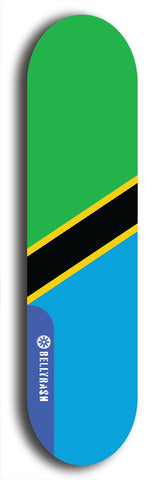 North American maple skateboard deck designed by underground artist BellyRash -- available in widths between 7.5 to 8.5 inches in both mellow concave and steep concave shapes. Artwork : 	Tanzania	flag skateboard deck																				