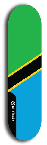 North American maple skateboard deck designed by underground artist BellyRash -- available in widths between 7.5 to 8.5 inches in both mellow concave and steep concave shapes. Artwork : 	Tanzania	flag skateboard deck																				