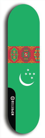 North American maple skateboard deck designed by underground artist BellyRash -- available in widths between 7.5 to 8.5 inches in both mellow concave and steep concave shapes. Artwork : 	Turkmenistan	flag skateboard deck																				