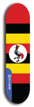 North American maple skateboard deck designed by underground artist BellyRash -- available in widths between 7.5 to 8.5 inches in both mellow concave and steep concave shapes. Artwork : 	Uganda	flag skateboard deck																				