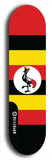 North American maple skateboard deck designed by underground artist BellyRash -- available in widths between 7.5 to 8.5 inches in both mellow concave and steep concave shapes. Artwork : 	Uganda	flag skateboard deck																				