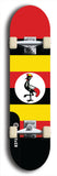 North American maple skateboard deck designed by underground artist BellyRash -- available in widths between 7.5 to 8.5 inches in both mellow concave and steep concave shapes. Artwork : 	Uganda	flag skateboard deck																				