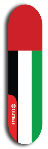 North American maple skateboard deck designed by underground artist BellyRash -- available in widths between 7.5 to 8.5 inches in both mellow concave and steep concave shapes. Artwork : 	United Arab Emirates	flag skateboard deck																				