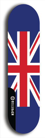 North American maple skateboard deck designed by underground artist BellyRash -- available in widths between 7.5 to 8.5 inches in both mellow concave and steep concave shapes. Artwork : 	United Kingdom	flag skateboard deck																				