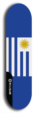 North American maple skateboard deck designed by underground artist BellyRash -- available in widths between 7.5 to 8.5 inches in both mellow concave and steep concave shapes. Artwork : 	Uruguay	flag skateboard deck																				