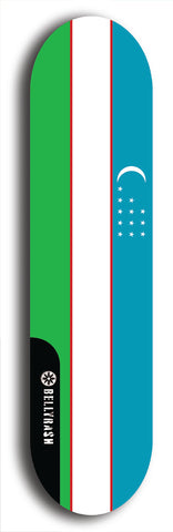 North American maple skateboard deck designed by underground artist BellyRash -- available in widths between 7.5 to 8.5 inches in both mellow concave and steep concave shapes. Artwork : 	Uzbekistan	flag skateboard deck																				