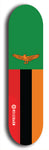 North American maple skateboard deck designed by underground artist BellyRash -- available in widths between 7.5 to 8.5 inches in both mellow concave and steep concave shapes. Artwork : 	Zambia	flag skateboard deck																				