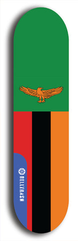 North American maple skateboard deck designed by underground artist BellyRash -- available in widths between 7.5 to 8.5 inches in both mellow concave and steep concave shapes. Artwork : 	Zambia	flag skateboard deck																				