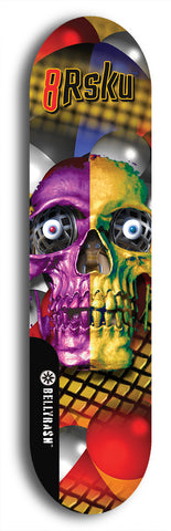 Limited edition, North American maple skateboard deck designed by underground artist BellyRash -- available in widths 7.5 to 8.5 inches in both mellow concave and steep concave shapes. Artwork: 8Rsku brand popsicle-shaped skateboard deck.