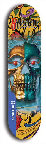 Limited edition, North American maple skateboard deck designed by underground artist BellyRash -- available in widths 7.5 to 8.5 inches in both mellow concave and steep concave shapes. Artwork: 8Rsku brand popsicle-shaped skateboard deck.