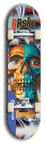 Limited edition, North American maple skateboard deck designed by underground artist BellyRash -- available in widths 7.5 to 8.5 inches in both mellow concave and steep concave shapes. Artwork: 8Rsku brand popsicle-shaped skateboard deck.