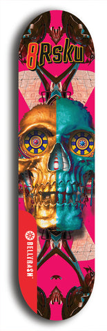 Limited edition, North American maple skateboard deck designed by underground artist BellyRash -- available in widths 7.5 to 8.5 inches in both mellow concave and steep concave shapes. Artwork: 8Rsku brand popsicle-shaped skateboard deck.