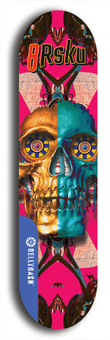 Limited edition, North American maple skateboard deck designed by underground artist BellyRash -- available in widths 7.5 to 8.5 inches in both mellow concave and steep concave shapes. Artwork: 8Rsku brand popsicle-shaped skateboard deck.