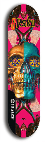 Limited edition, North American maple skateboard deck designed by underground artist BellyRash -- available in widths 7.5 to 8.5 inches in both mellow concave and steep concave shapes. Artwork: 8Rsku brand popsicle-shaped skateboard deck.