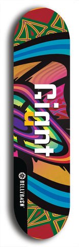 Skateboard deck: Limited edition, North American maple skateboard deck designed by underground artist BellyRash - available widths 7.5 to 8.5 inches in both mellow concave and steep concave shapes. Artwork: GIANT logo brand popsicle-shaped deck