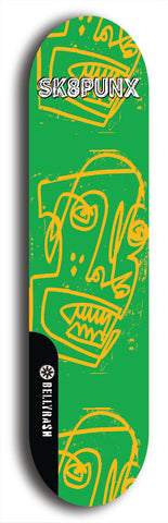 Skateboard deck: Limited edition, North American maple skateboard deck designed by underground artist BellyRash - available widths 7.5 to 8.5 inches in both mellow concave and steep concave shapes. Artwork: SK8PUNX logo brand popsicle-shaped deck