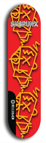 Skateboard deck: Limited edition, North American maple skateboard deck designed by underground artist BellyRash - available widths 7.5 to 8.5 inches in both mellow concave and steep concave shapes. Artwork: SK8PUNX logo brand popsicle-shaped deck