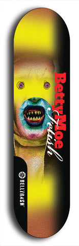 Skateboard deck: Limited edition, North American maple skateboard deck designed by underground artist BellyRash - available widths 7.5 to 8.5 inches in both mellow concave and steep concave shapes. Artwork: BETTYMOE FETISH logo brand popsicle-shaped deck with shiny erotic red female body with giant eyeball in background