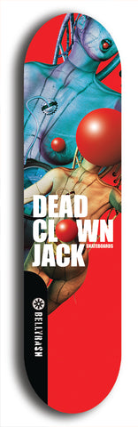 Skateboard deck: Limited edition, North American maple skateboard deck designed by underground artist BellyRash - available widths 7.5 to 8.5 inches in both mellow concave and steep concave shapes. Artwork: DEAD CLOWN JACK logo brand popsicle-shaped deck