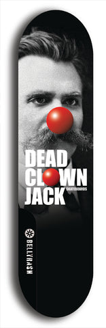 Skateboard deck: Limited edition, North American maple skateboard deck designed by underground artist BellyRash - available widths 7.5 to 8.5 inches in both mellow concave and steep concave shapes. Artwork: DEAD CLOWN JACK logo brand popsicle-shaped deck