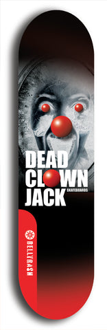 Skateboard deck: Limited edition, North American maple skateboard deck designed by underground artist BellyRash - available widths 7.5 to 8.5 inches in both mellow concave and steep concave shapes. Artwork: DEAD CLOWN JACK logo brand popsicle-shaped deck