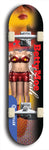 Skateboard deck: Limited edition, North American maple skateboard deck designed by underground artist BellyRash - available widths 7.5 to 8.5 inches in both mellow concave and steep concave shapes. Artwork: BETTYMOE FETISH logo brand popsicle-shaped deck with shiny erotic red female body with giant eyeball in background