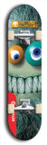 Skateboard deck: Limited edition, North American maple skateboard deck designed by underground artist BellyRash -- available in widths 7.5 to 8.5 inches in both mellow concave and steep concave shapes. Artwork: BUTTUGLY MONSTERS brand popsicle-shaped skateboard deck with monster in background.