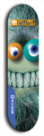 Skateboard deck: Limited edition, North American maple skateboard deck designed by underground artist BellyRash -- available in widths 7.5 to 8.5 inches in both mellow concave and steep concave shapes. Artwork: BUTTUGLY MONSTERS brand popsicle-shaped skateboard deck with monster in background.