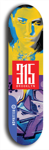 North American maple skateboard deck designed by underground artist BellyRash -- available in widths between 7.5 to 8.5 inches in both mellow concave and steep concave shapes. Artwork: street art and street artist and red 315 Brooklyn logo