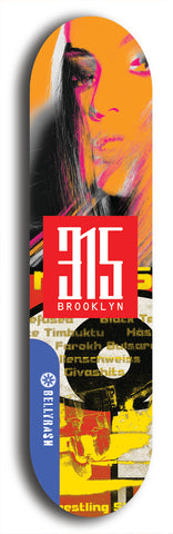 North American maple skateboard deck designed by underground artist BellyRash -- available in widths between 7.5 to 8.5 inches in both mellow concave and steep concave shapes. Artwork: street art and street artist and red 315 Brooklyn logo