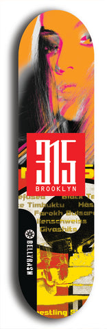 North American maple skateboard deck designed by underground artist BellyRash -- available in widths between 7.5 to 8.5 inches in both mellow concave and steep concave shapes. Artwork: street art and street artist and red 315 Brooklyn logo